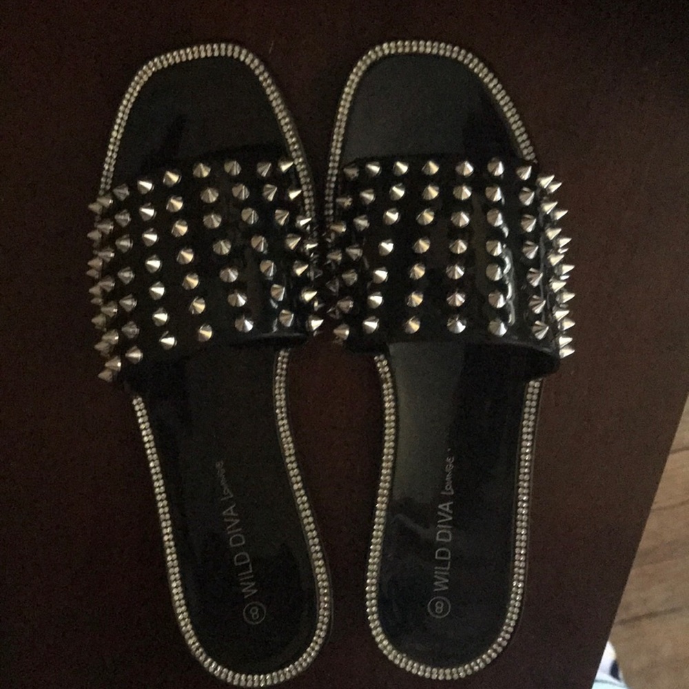 Flat sandals, Black PVC with mini spikes